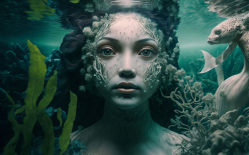 Mermaid, siren, fantasy, underwater, face, girl, water, HD wallpaper