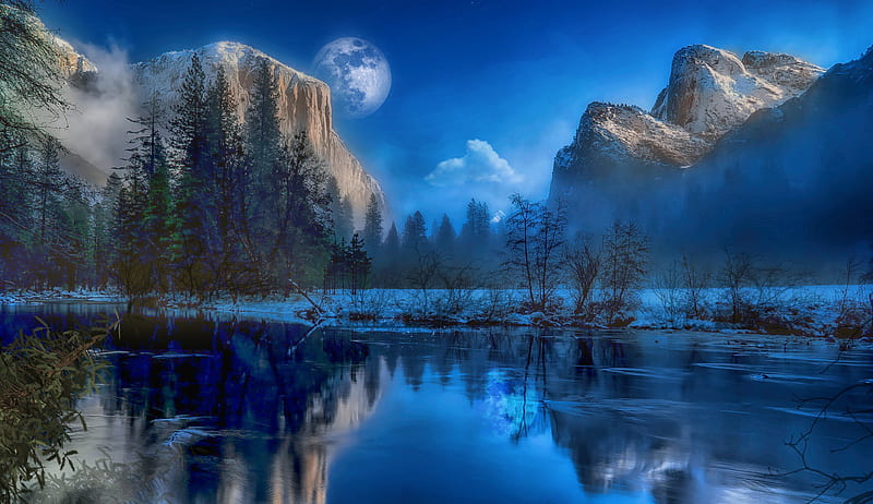 Yosemite Park Fantasy, yosemite, national-park, nature, mountains, lake, fantasy, HD wallpaper