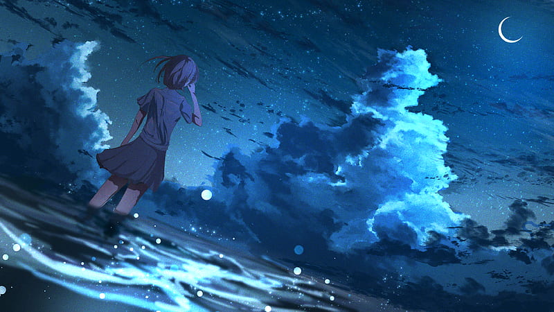 girl, anime, wind, night, stars, art, HD wallpaper