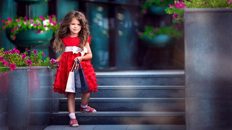 Cute Little Girl Is Wearing Dark Red Dress Standing On Steps In Pink Flowers Background Cute, HD wallpaper