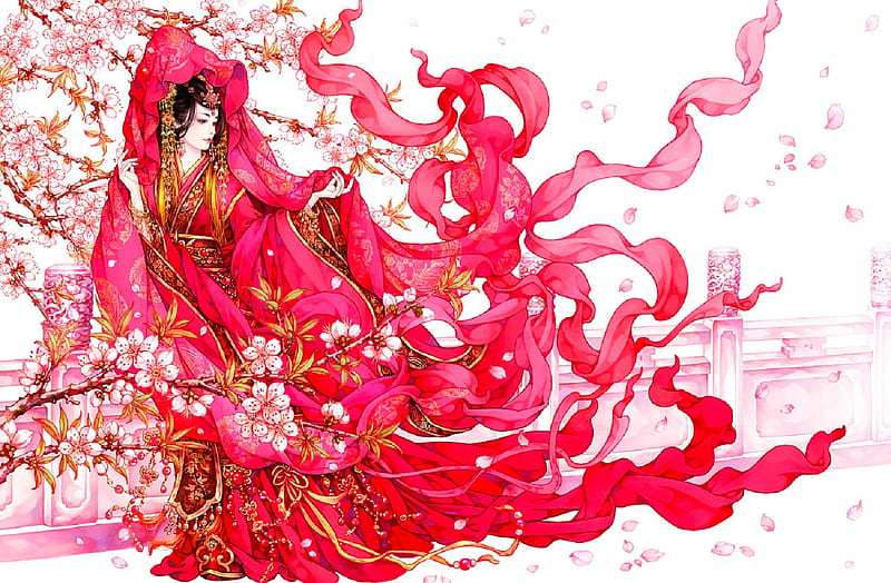 Vermilion Fantasy Girl Oriental Digital Woman Veils Art Red Pretty Hd Wallpaper Peakpx 9039