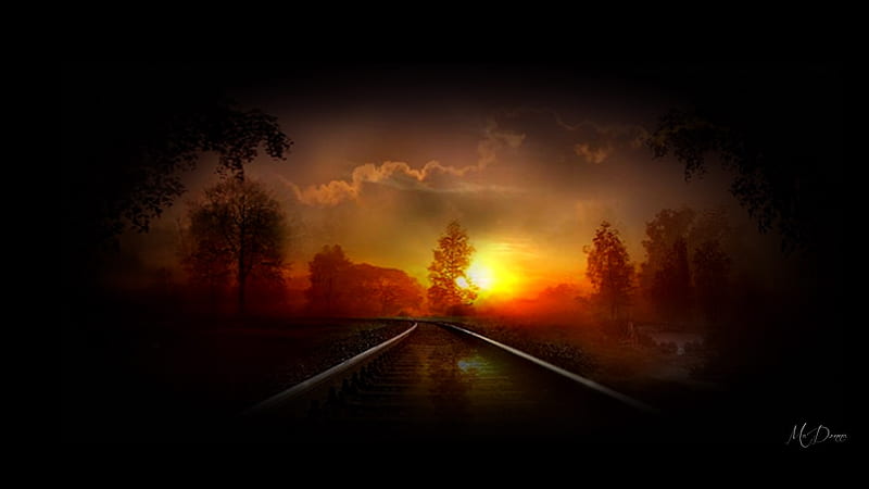 Sunset Tracks, fall, autumn, rail road tracks, train, collage, sunset, trees, tracks, Firefox theme, HD wallpaper