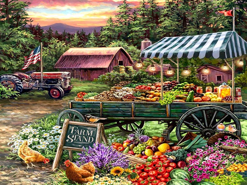 The Farm Stand, barn, fruits, painting, vegetables, tractor, HD wallpaper