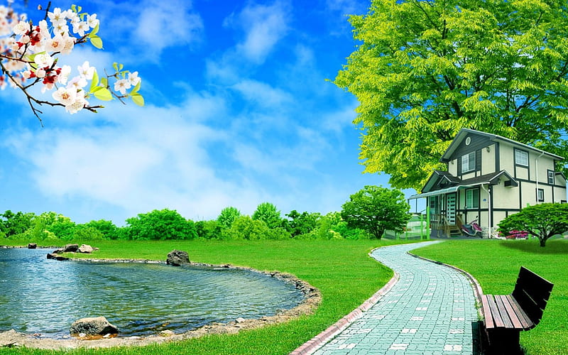 The Spring Has Arrived, house, springtime, bonito, trees, sky, motorcycle,  lagoon, HD wallpaper | Peakpx