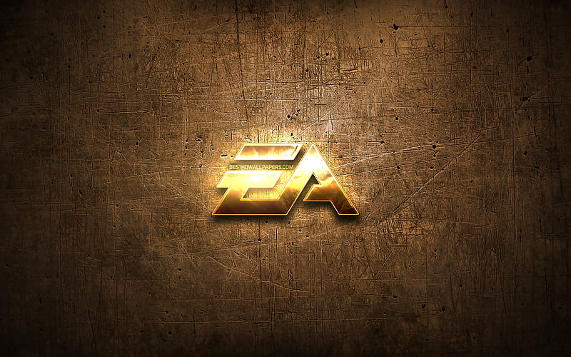 EA Games golden logo, artwork, brown metal background, creative, EA Games logo, brands, EA Games, HD wallpaper