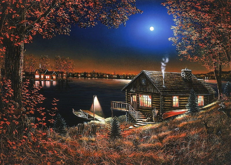moon Light cabin, moon, porch, pier, canoe, cabin, lake, night, HD wallpaper