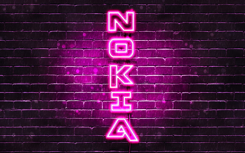 Nokia purple logo, vertical text, purple brickwall, Nokia neon logo, creative, Nokia logo, artwork, Nokia, HD wallpaper