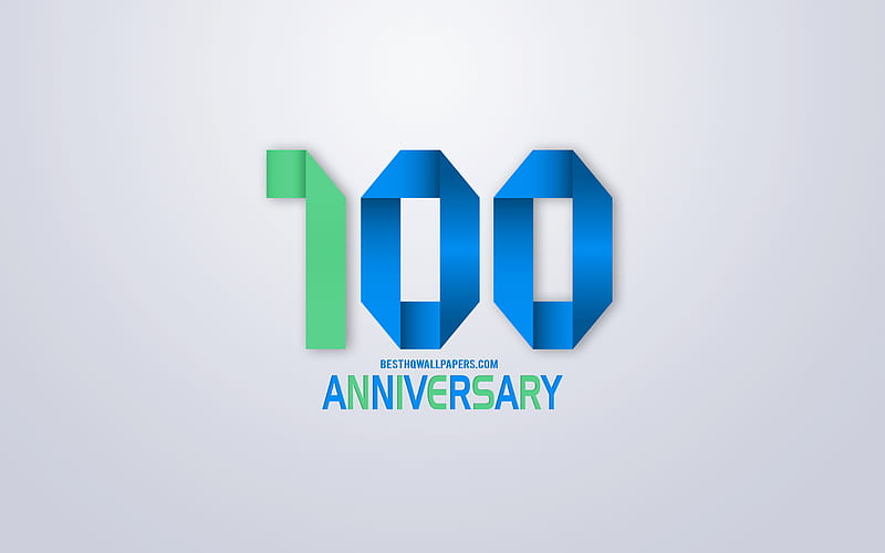 100th Anniversary sign, origami anniversary symbols, green blue origami digits, White background, origami numbers, 100th Anniversary, creative art, 100 Years Anniversary, HD wallpaper