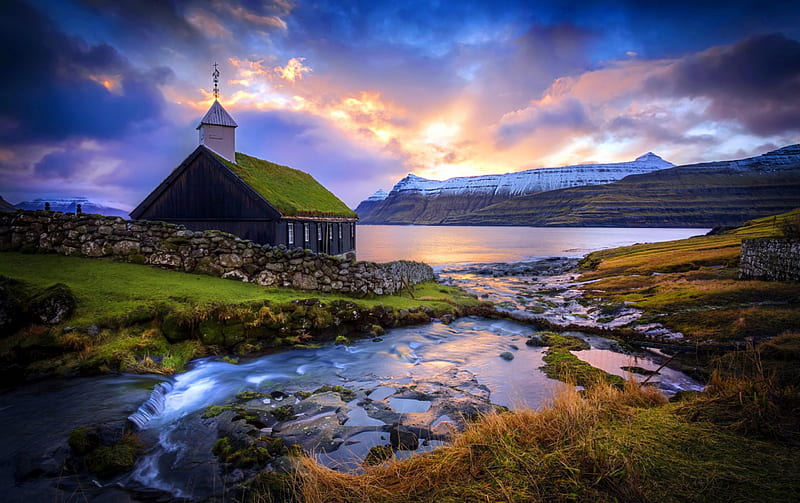 Faroe island, house, bonito, church, sky, lake, mountain, nature, river, sunrise, island, HD wallpaper