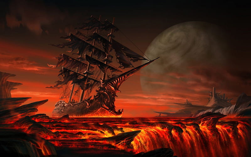 Ghost Ship From Hell, glow, sea of flames, tattered, hell, molten, magma, sea, sail, boat, smoke, flare, inferno, hearth, burning, ocean, lava, heat, fire, searing, ghost, flames, ship, warmth, blaze, navy, lake of fire, HD wallpaper