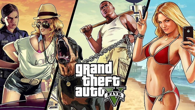 Sky, Beach, Dog, Smile, Ring, Blonde, Hat, Chain, Watch, Sunglasses, Earrings, Blue Eyes, Belt, Shorts, Necklace, Police, Video Game, Long Hair, Brown Hair, Bikini, Phone, Baseball Bat, Grand Theft Auto, Grand Theft Auto V, Peace Sign, Franklin Clinton, HD wallpaper