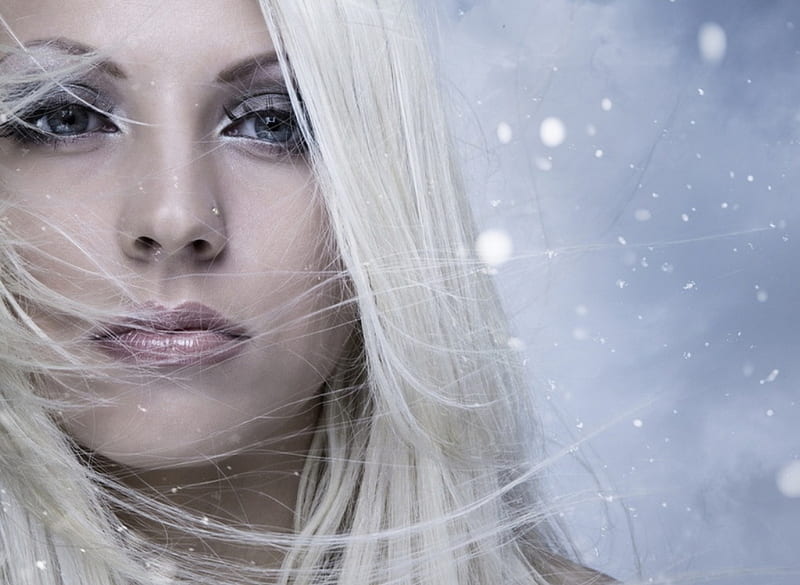 Winter lady, stare, wonderful, blonde, lips, winter, hair, snow ...