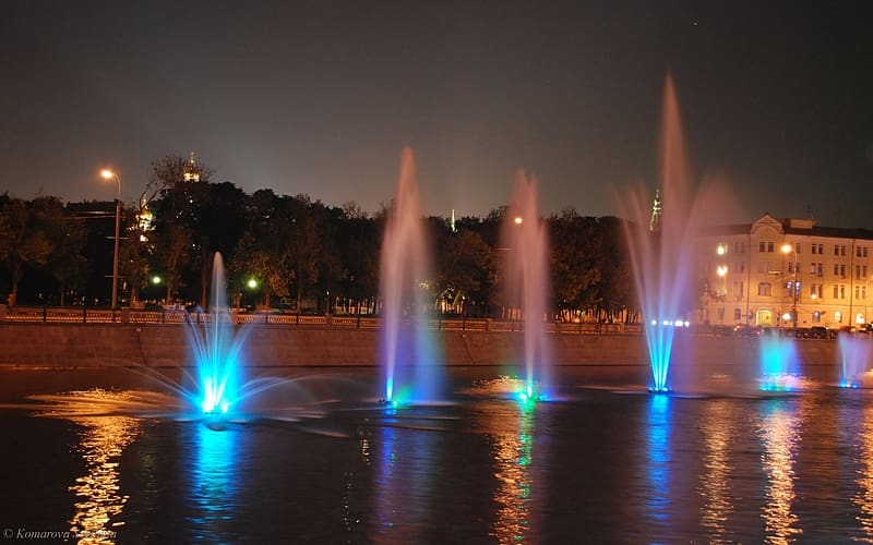 Night, Fountain, Light, River, Moscow, HD wallpaper