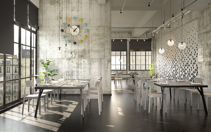 cafe interior, loft, bright interior, cafe design, restaurant, loft style interior, HD wallpaper