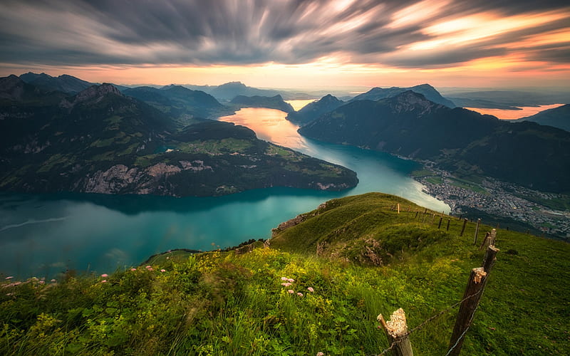 Lake Lucerne, mountains, sunset, Alps, Switzerland, Europe, Swiss Alps, HD wallpaper
