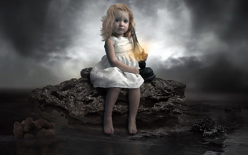 Sad little girl, dress, lantern, rock, situation, girl, manipulation, sad, tears, child, white, light, HD wallpaper