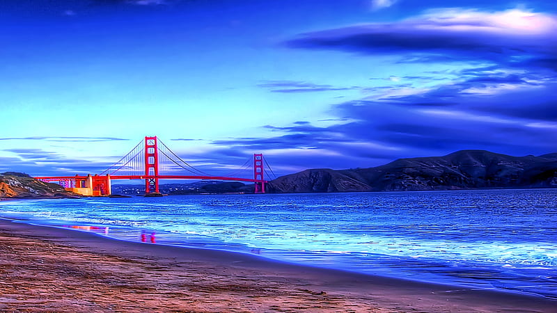 Golden Gate Bridge, mountain, red, beach, water, bridge, sky, lake, blue, HD wallpaper