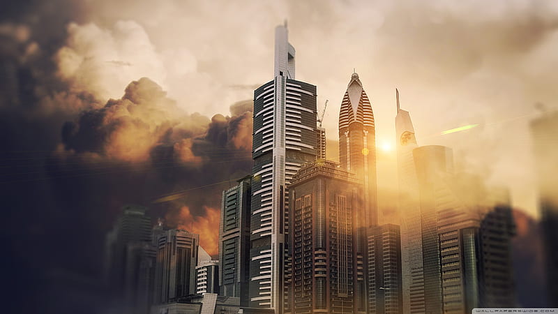 View of Modern City Towers and Skyscrapers against Storm Clouds Ultra Background for U TV : & UltraWide & Laptop : Tablet : Smartphone, HD wallpaper