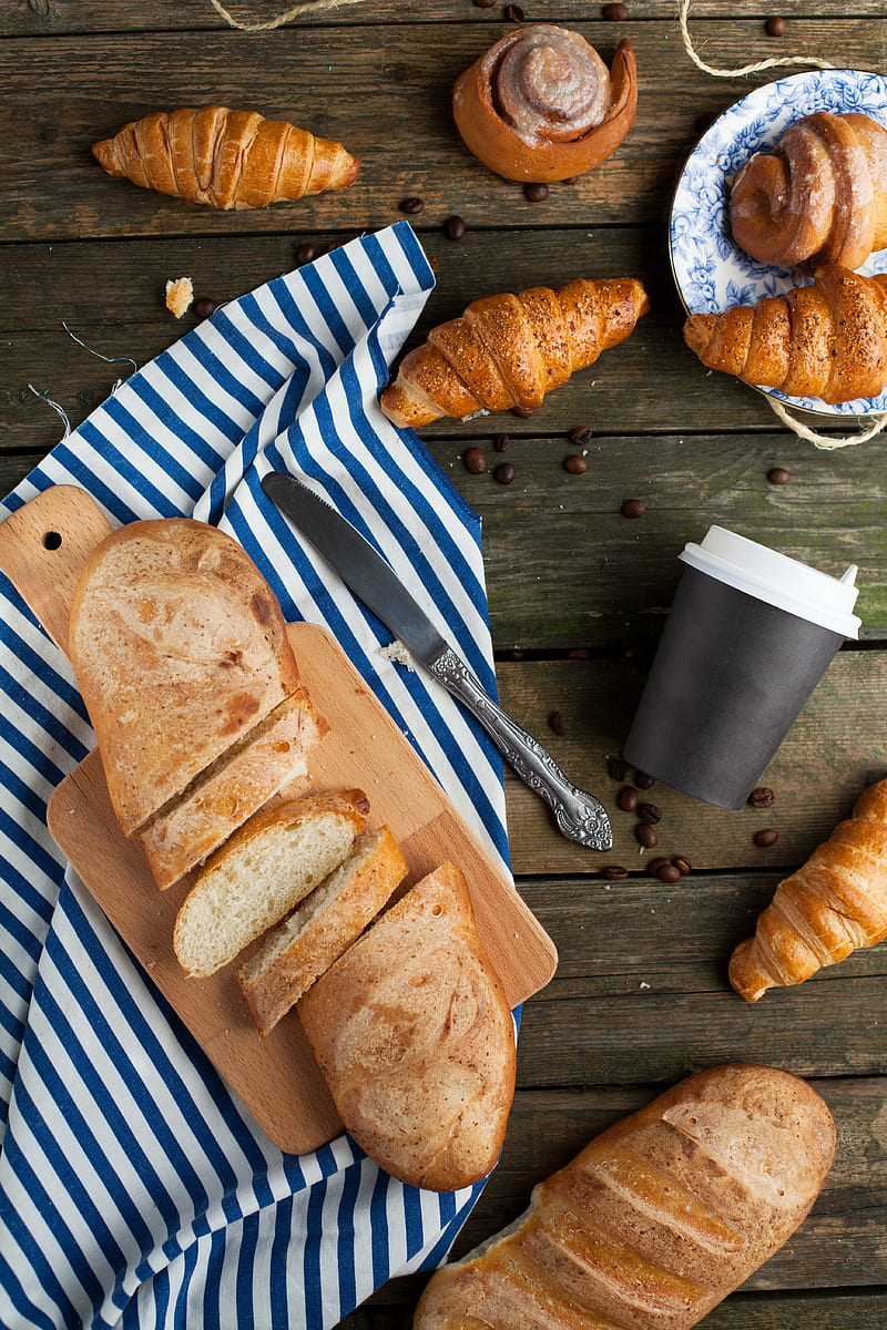 bread, croissant, coffee, coffee beans, still life, HD phone wallpaper