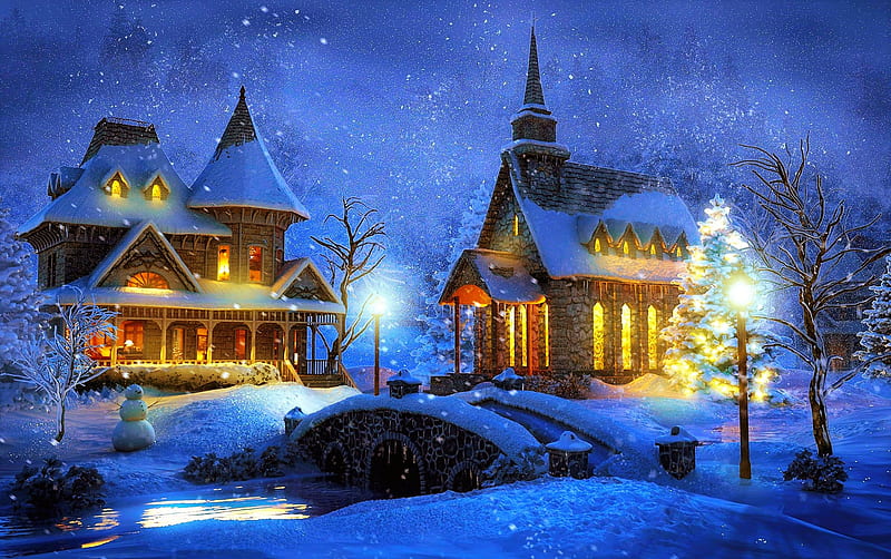 Winter fairytale, pretty, art, houses, wonderland, bonito, fairytale, winter, cold, snow, bridge, peaceful, village, evening, light, night, frost, HD wallpaper