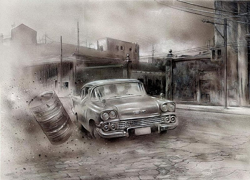 Driving through a retro neighbourhood, drive, buildings, black and white, old, neighbourhood, colourless, criving, sketch, retro, barel, drawing, car, dust, street, HD wallpaper