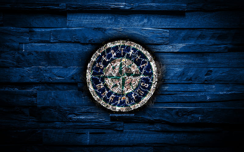 Seattle Mariners scorched logo, MLB, blue wooden background, american baseball team, grunge, baseball, Seattle Mariners logo, fire texture, USA, HD wallpaper