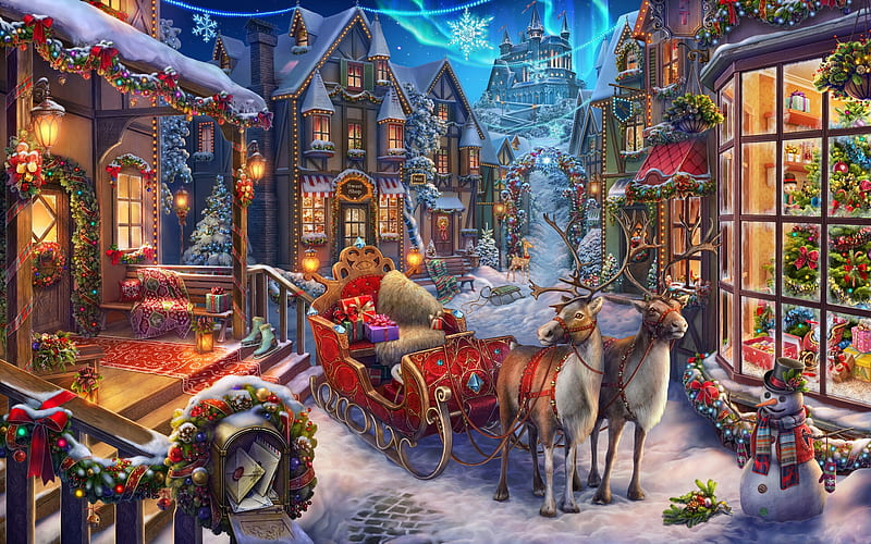 Christmas, red, sleigh, frumusete, ab games, craciun, abgames, luminos, iarna, winter, fantasy, reindeer, stuff, street, HD wallpaper