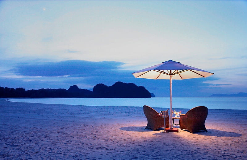 Tanjung Beach, Langkawi, Malaysia, rocks, umbrella, Peaceful, armchairs, sea, sand, cliff, evening, white, light, HD wallpaper