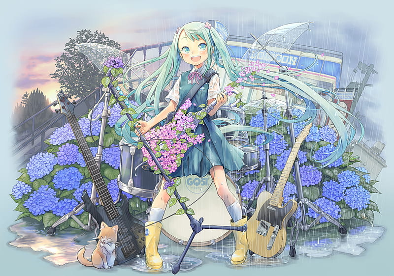 Hatsune Miku, dress, flower, gitar, aqua hair, long hair, sky, HD wallpaper