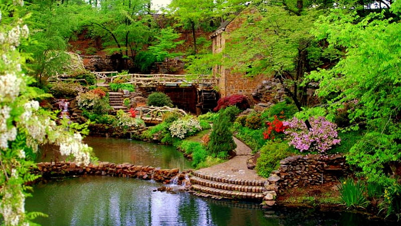 botanical garden, rocks, colorful, trees, shrubs, waterfalls, pond, water, green, summer, vegetation, flowers, walking, relaxation, HD wallpaper