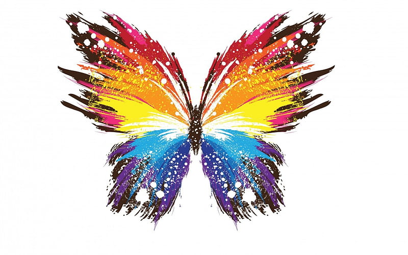 Butterfly, red, wings, yellow, rainbow, white, pink, blue, HD wallpaper