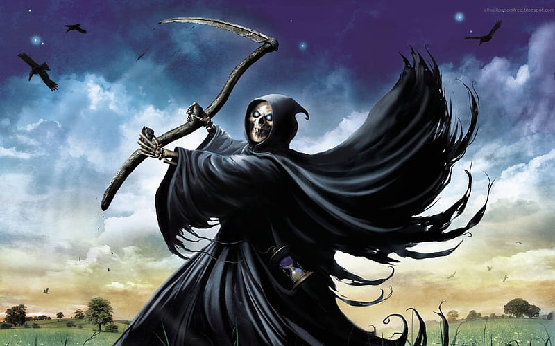 Day Time Grim Reaper, dead, reaper, birds, day, horror, sickle, HD wallpaper