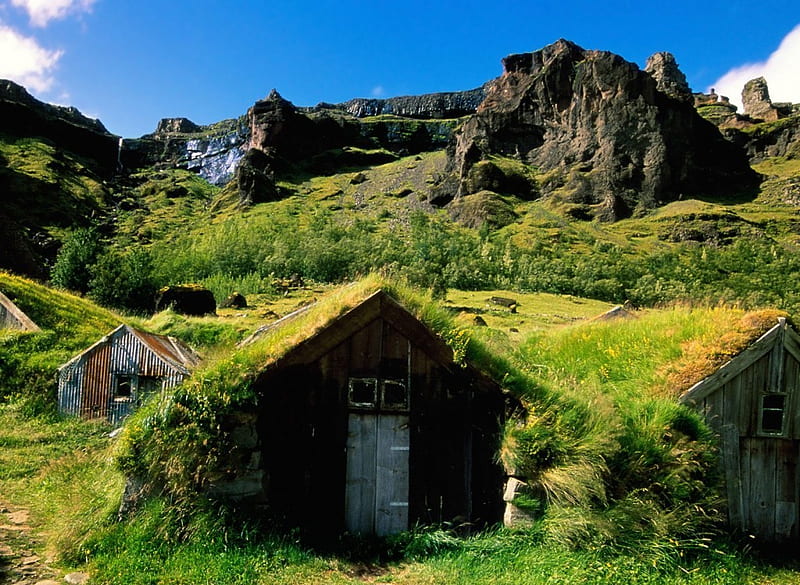 Houses Buried, Iceland, rocks, architecture, grass, monuments, yellow, clouds, iceland, stones, countries, mounts, peaks, houses, amusement parks, sky, country, trees, buried, mountains, white, brown, gray, seasons, europe, grasslands, leaves, city, green, blue, ancient, leaf, medieval, plants, summer, day, HD wallpaper
