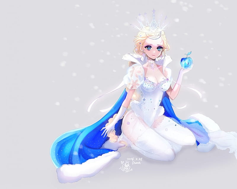Snow Queen, pretty, cg, sweet, nice, anime, royalty, cape, beauty, anime girl, long hair, lovely, elsa, blonde, sexy, winter, snow, crown, crystal blond, divine, queen, bonito, sublime, hot, tiara, us, gorgeous, apple, female, blonde hair, plain, girl, simple, mantel, frozen, princess, angelic, HD wallpaper