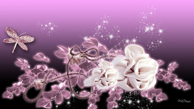 White Silk Roses, stars, shine, silk, sparkles, leaves, dragonfly ...