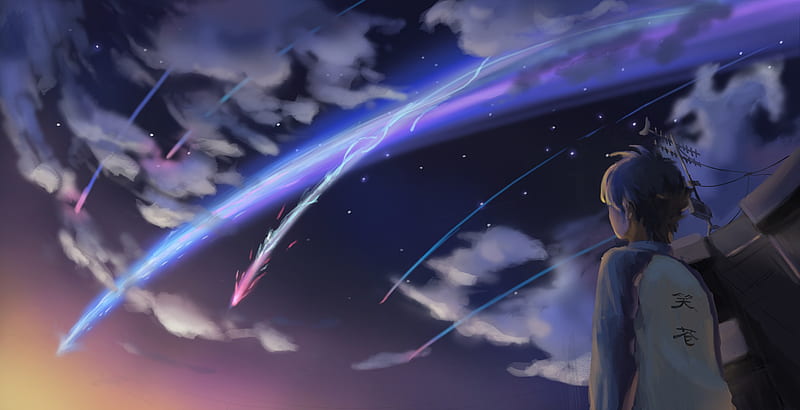 kimi no na wa, tachibana taki, falling stars, clouds, scenic, Anime, HD wallpaper