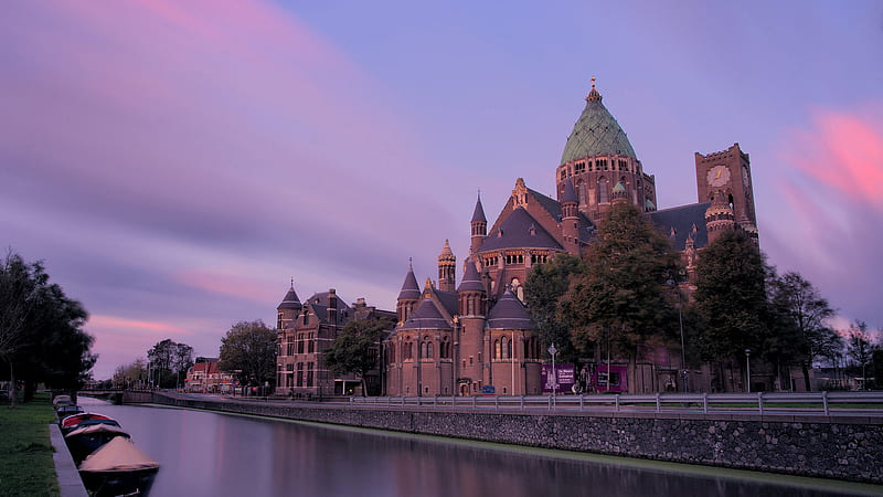 Architecture Boat Canal Church Haarlem Netherlands Travel, HD wallpaper