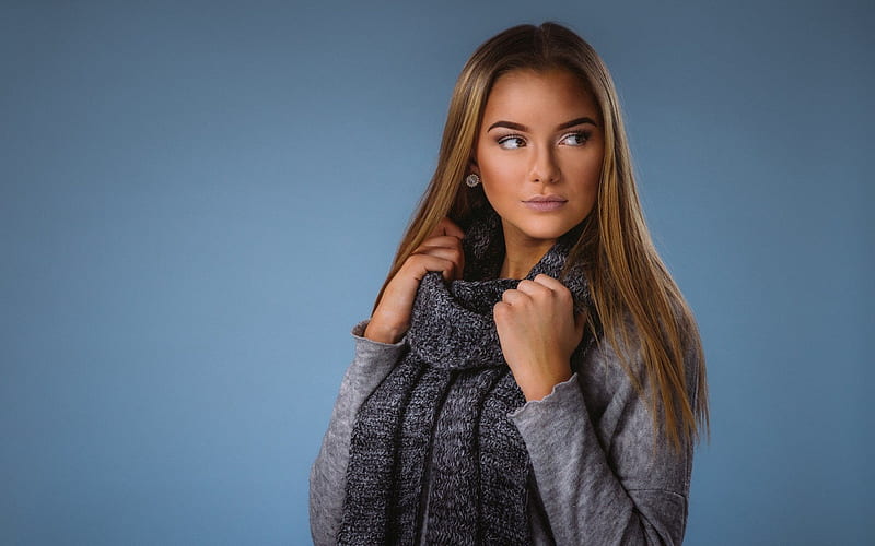 model, beautiful girl, knitted scarf, hoot, beauty, HD wallpaper