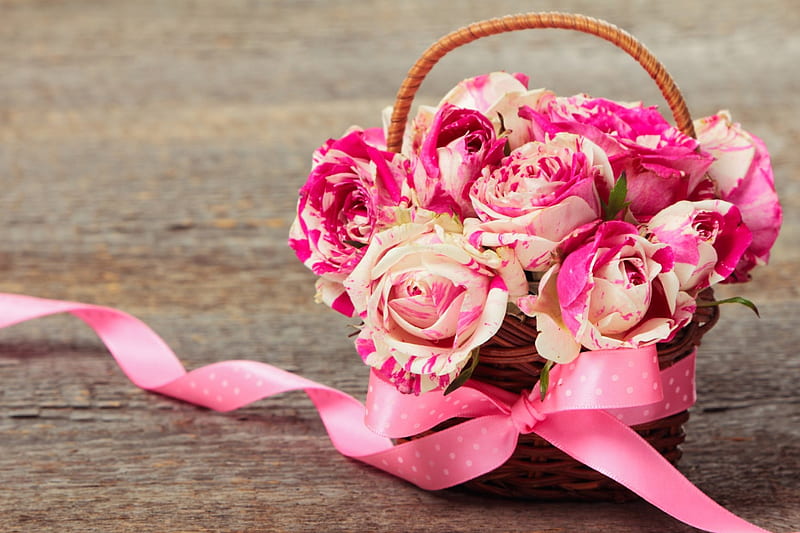Basket Pink Roses, romantic, ribbon, wicker, bow, roses, bouquet, basket, white, pink, wood, HD wallpaper