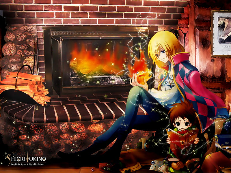 Magic Stove, female, living room, stove, howls moving castle, cute, fire, fantasy, flame, girl, anime, anime girl, room, fire place, HD wallpaper