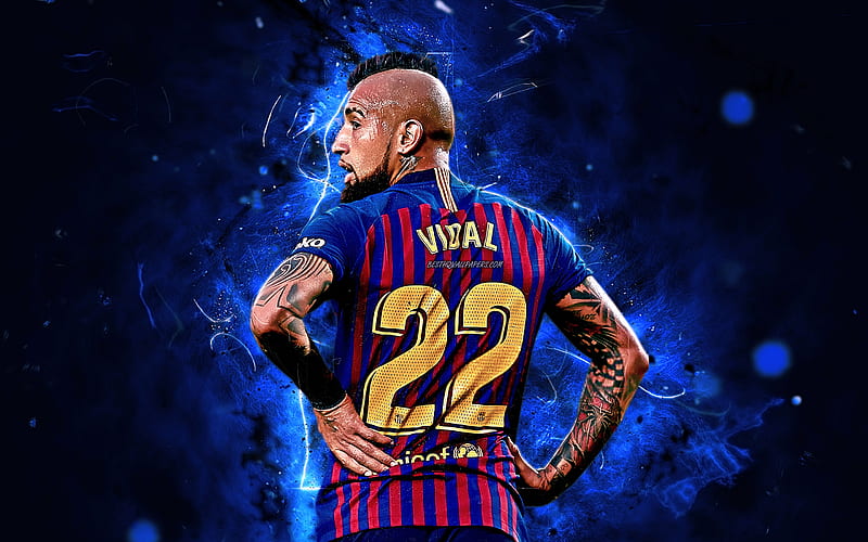 Arturo Vidal, back view, Barcelona FC, chilean footballers, La Liga, Vidal, Barca, neon lights, soccer, LaLiga, HD wallpaper
