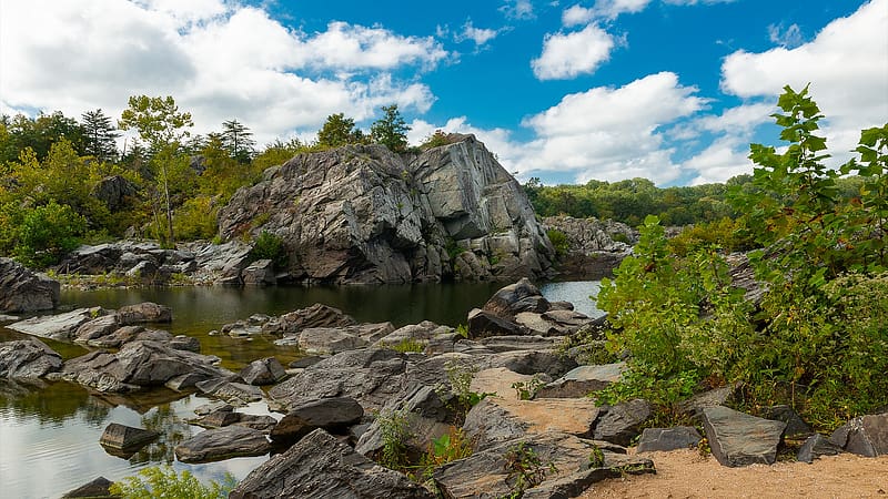 Great Falls from Maryland, Potomac, Maryland, river, clouds, landscape, cascades, trees, sky, rocks, usa, HD wallpaper