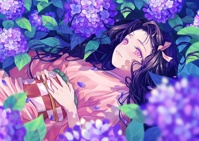 kamado nezuko, demon slayer, kimetsu no yaiba, lying down, purple flowers, kimono, Anime, HD wallpaper