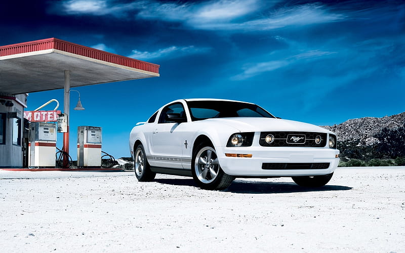 ford mustang, muscle cars, white, front view, sky, motel, Vehicle, HD wallpaper