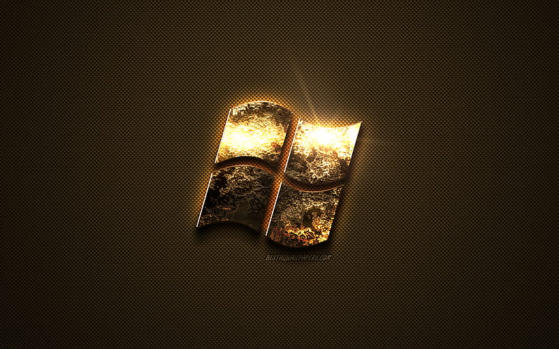 Windows gold logo, creative art, gold texture, brown carbon fiber texture, Windows gold emblem, Windows, HD wallpaper