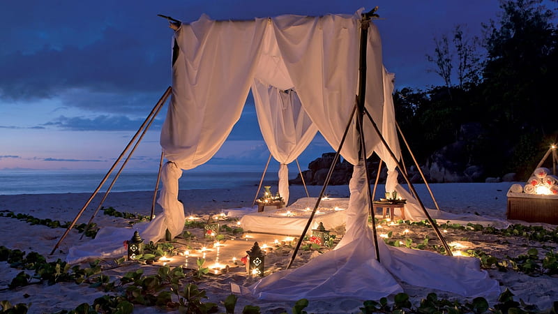 Romantic Night, rocks, romantic, ocean, bonito, sky, clouds, trees,  candles, HD wallpaper | Peakpx