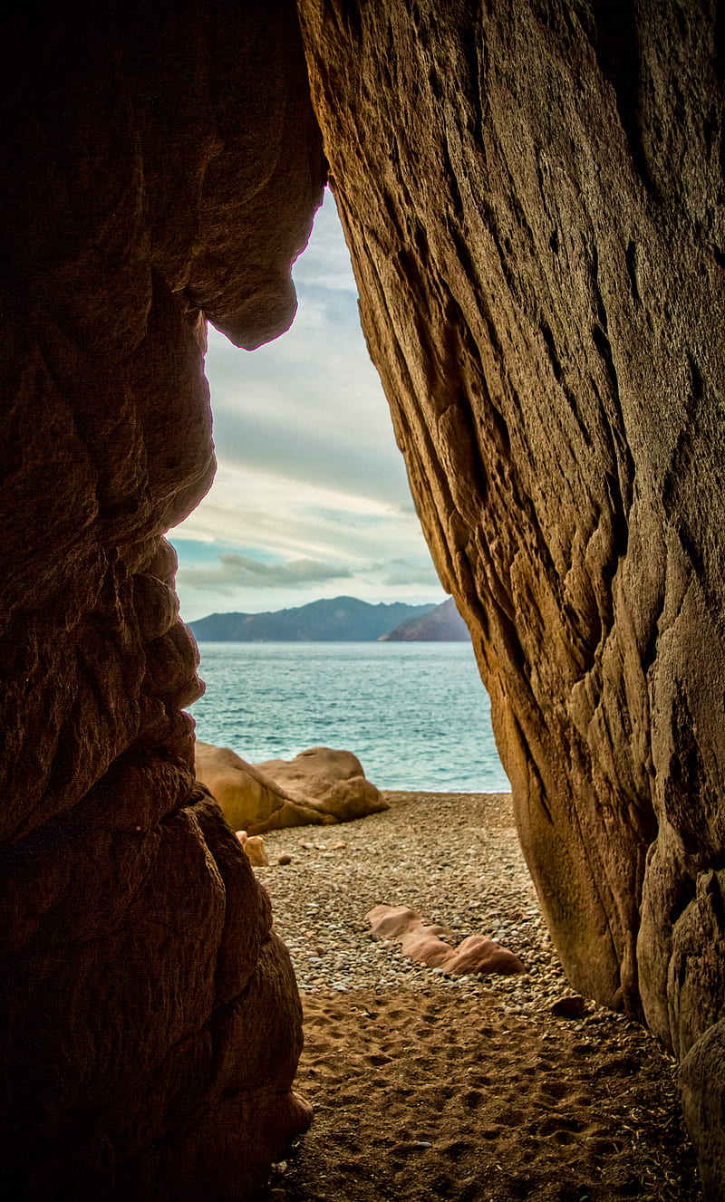 mountains, cave, beach, sea, HD phone wallpaper