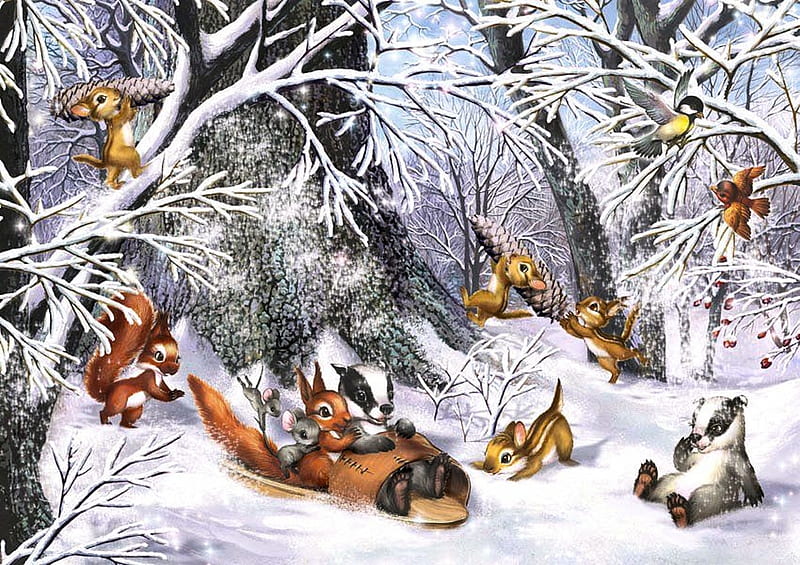 Winter Happyness, forest, shoe, snow, animals, funny, HD wallpaper
