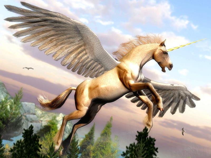 Horse With Horn and Wings, art, wings, equine, flying horse, bonito, horse, illustration, artwork, fantasy, horn, painting, wide screen, HD wallpaper