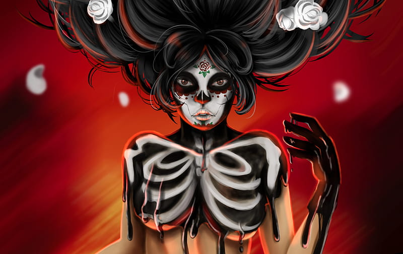 Catrina, bones, white, sugar skull, red, skeleton, rose, luminos, dia de los muertos, chocolate, halloween, fantasy, girl, HD wallpaper